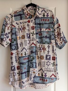 Vintage Modango Homme 90s Abstract Geometric Print Shirt L Cotton Rayon Art